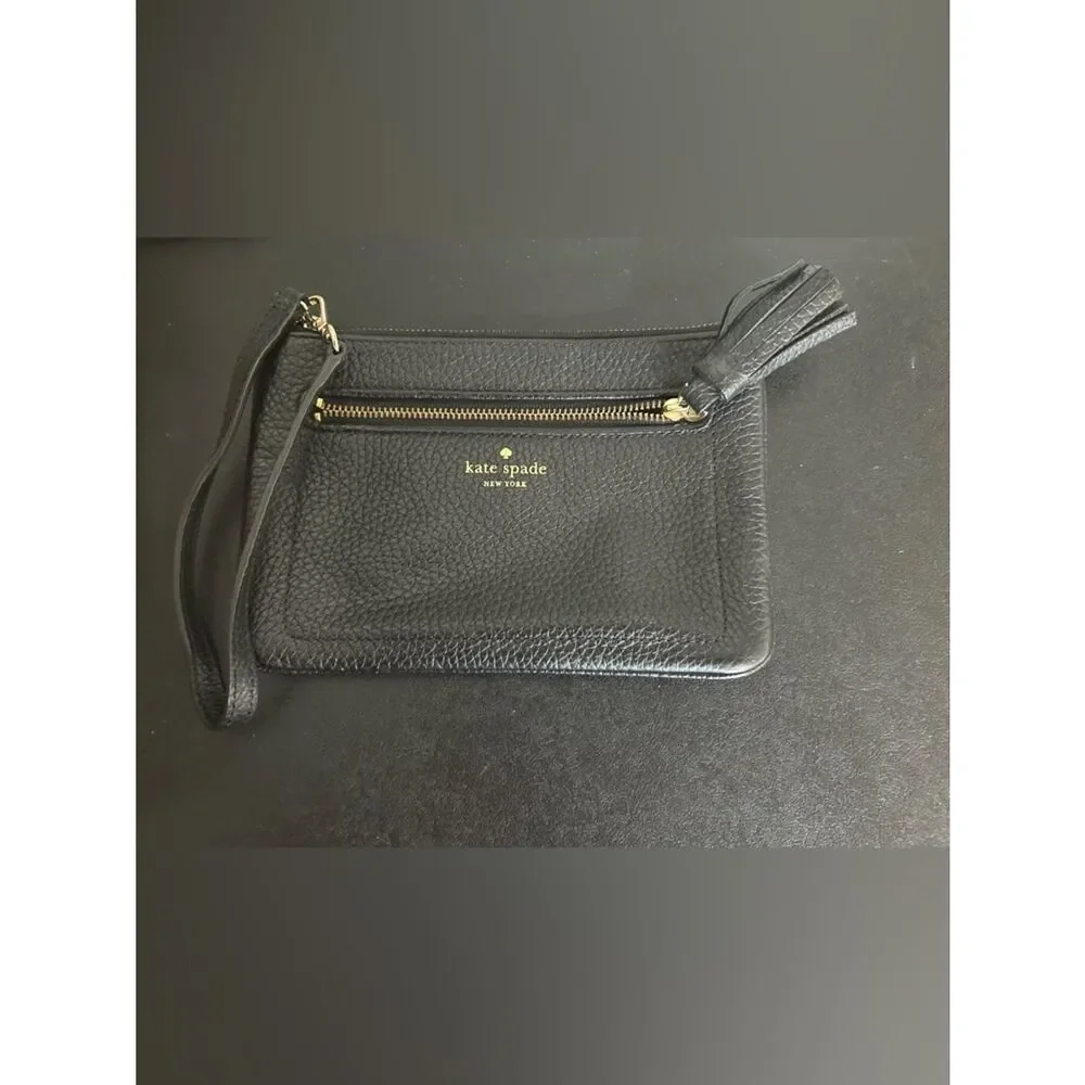 kate spade Black Pebbled Leather Wristlet with Tassel