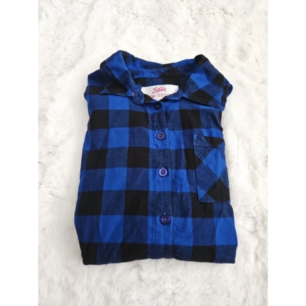 Justice‎ Girls Blue & Black Buffalo Plaid Flannel Button Down Shirt Size 14/16