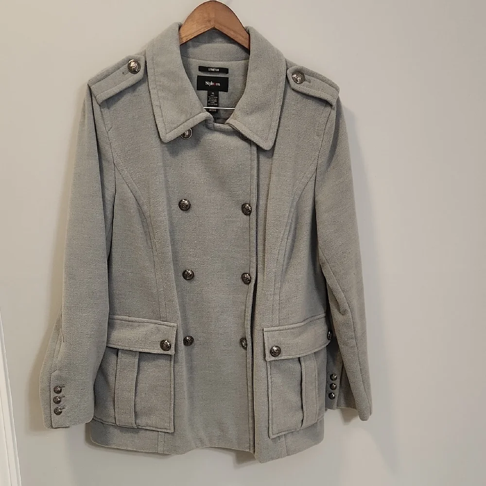 Style & Co Women’s Double‑Breasted Military Pea Coat – Light Gray‎ – Size XL