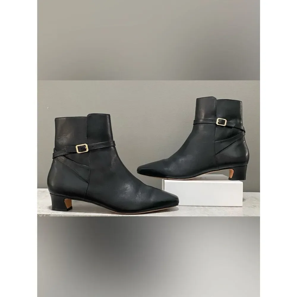 Bernardo Black Leather slender square toe Ankle Boots with Side Strap Size 9.5