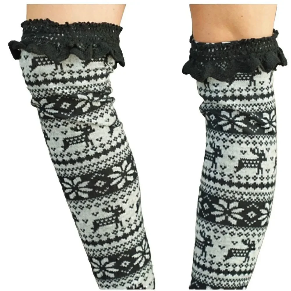 Nordic Print Leg Warmer/Boot Topper Crochet Lace Over the Knee Black And Gray S/