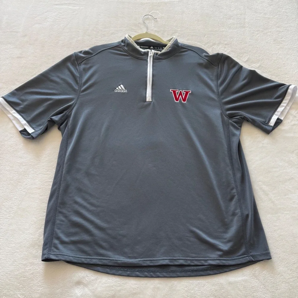Adidas Climalite XL Gray 1/4 Zip Short Sleeve Pullover Red‎ W Logo