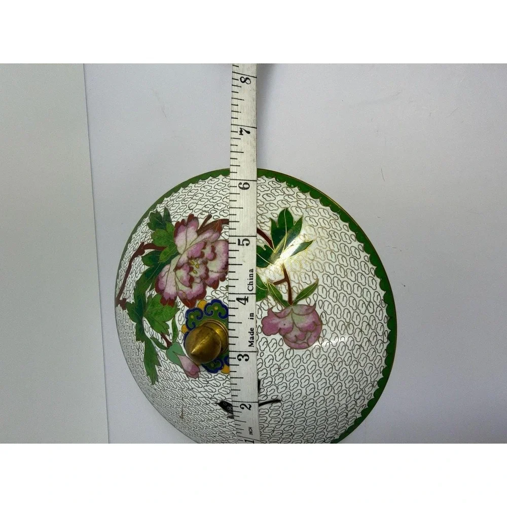 Vintage Chinese Cloisonné Lidded Bowl White Enamel Birds and Peony 6-inch‎