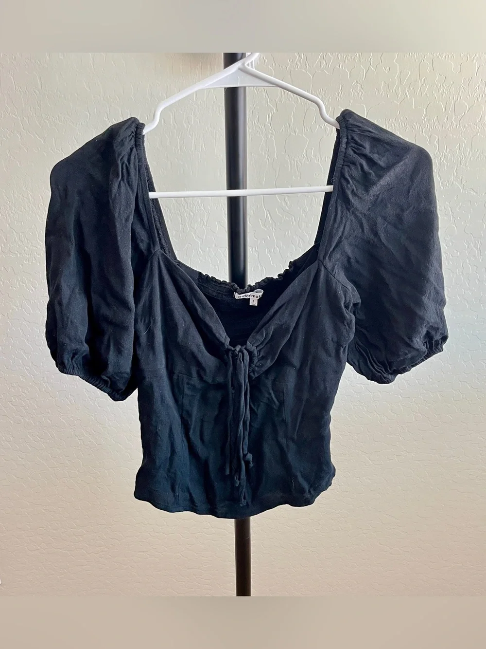 Reformation Black Puff Sleeve Tie-Front Blouse