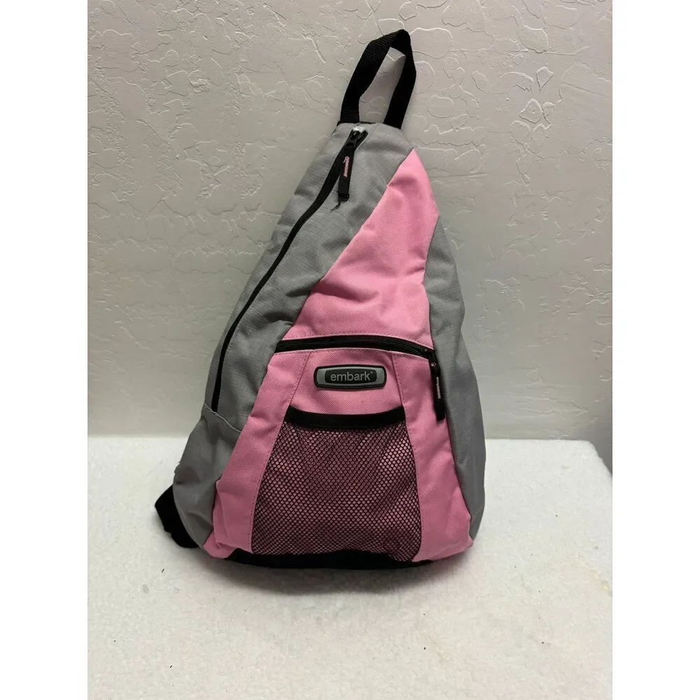 Embark Gray Pink Single Strap Sling Backpack‎ Front Mesh Pocket Zip Closures