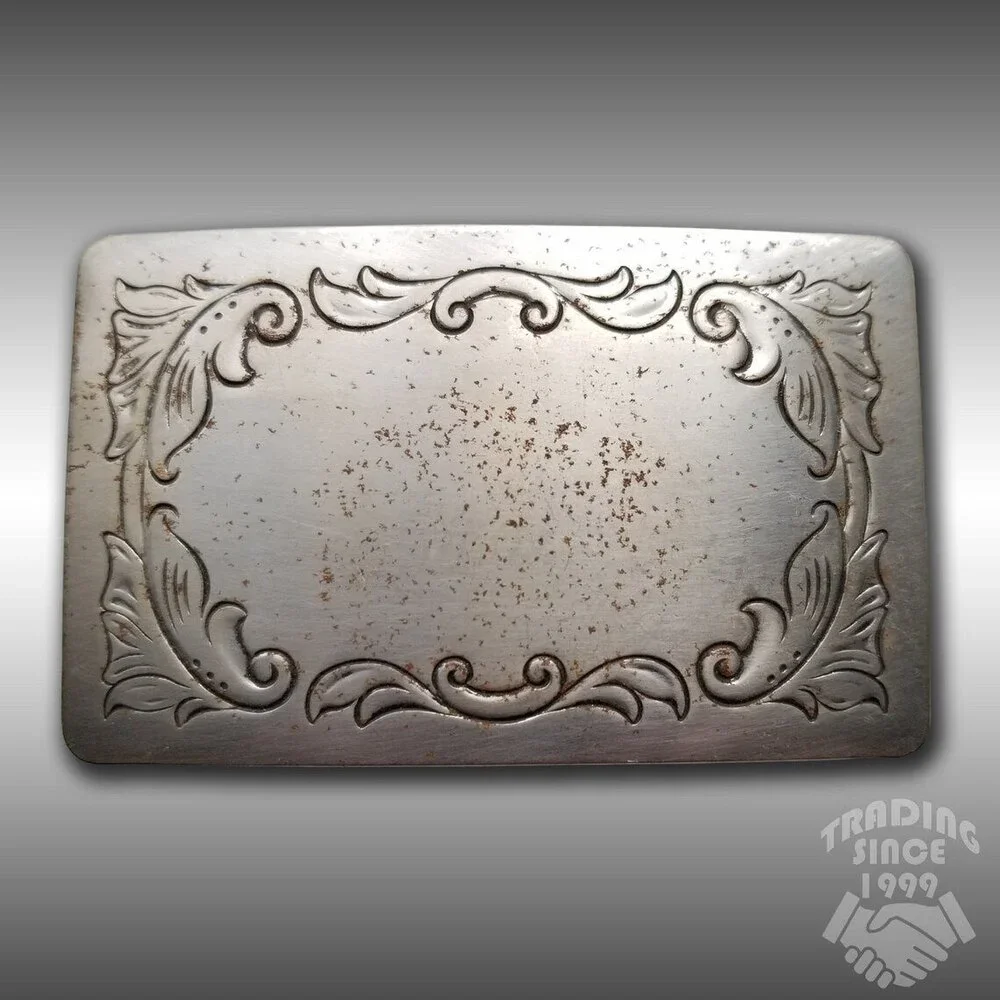 Belt Buckle Silver‎ Color Engraved Stamped Filigree Leaves Western Square USA
