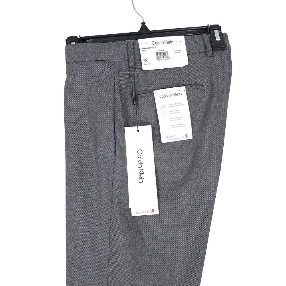 Calvin Klein Mens Slim Fit Dress Pants 33x32 Medium Grey Solid Sharkskin Stretch