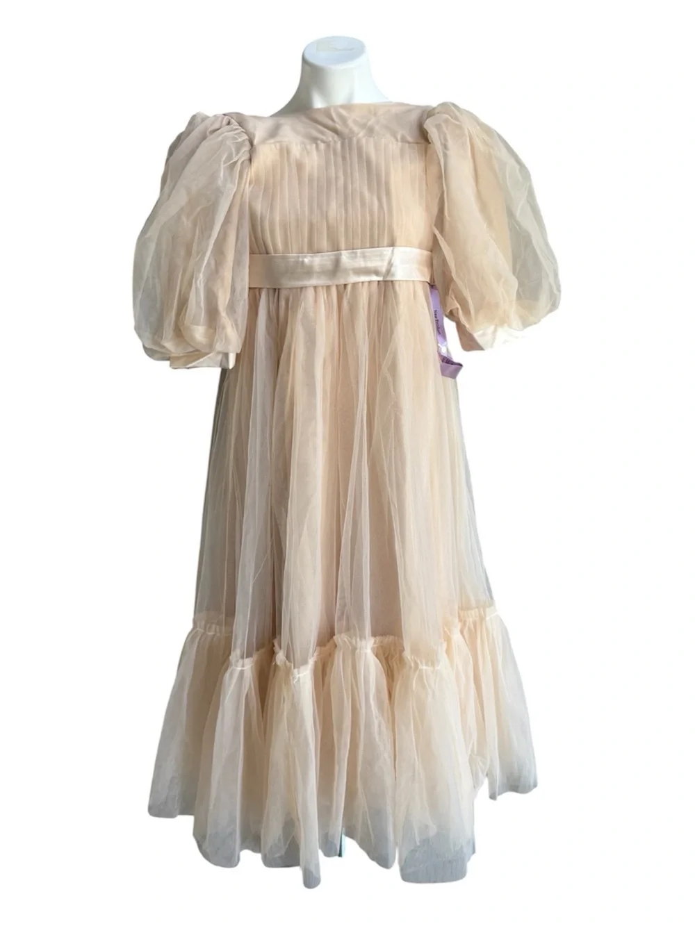 Dideyttawl Tulle Puffy Sleeve Flower Girl Dress Beige Various Sizes NWT