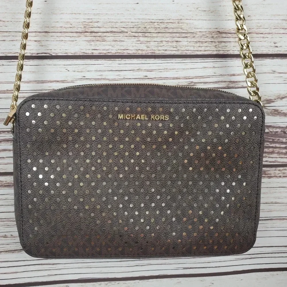 Michael Kors Jet Set East West Signature Brown/Red/Gold Perforated Crossbody Bag