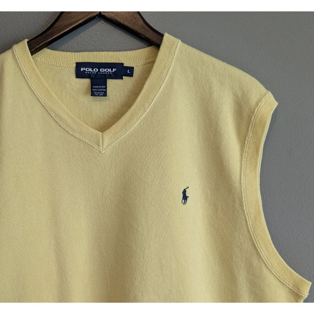 Vintage Polo Golf Ralph Lauren Mens Large Yellow V Neck Sweater Vest Cotton USA