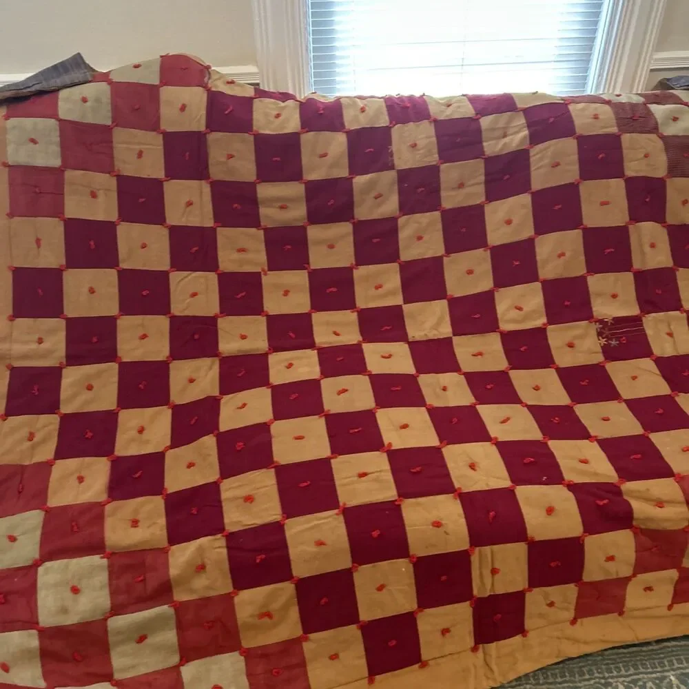 Antique vintage homemade checkerboard Tied quilt patchwork red mustard folk‎ art