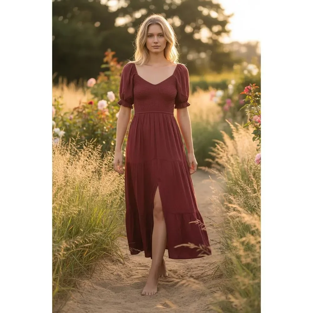 Abercrombie & Fitch Burgundy Red Smocked Puff Sleeve Slit Maxi Dress Size XS
