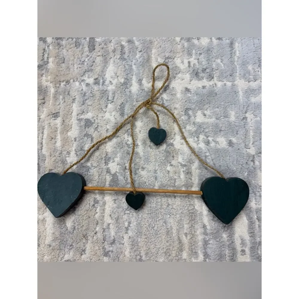 Vintage Wooden Hanging Green Hearts Dowel Rod Wall Decor Cottagecore