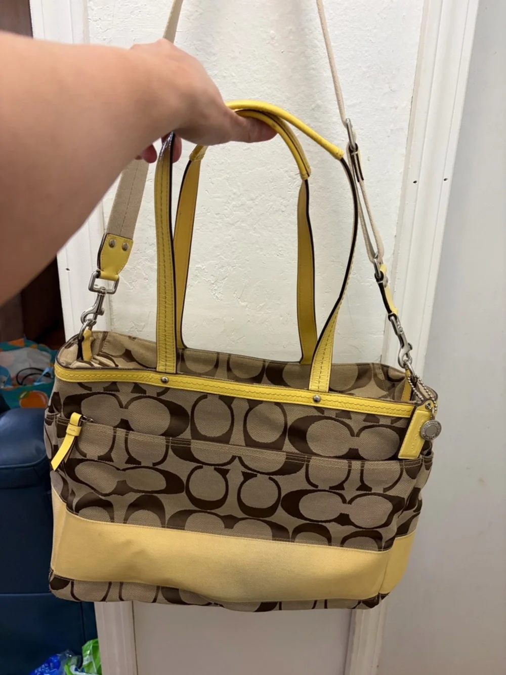 Coach Brown Signature Canvas Tote with Yellow Trim