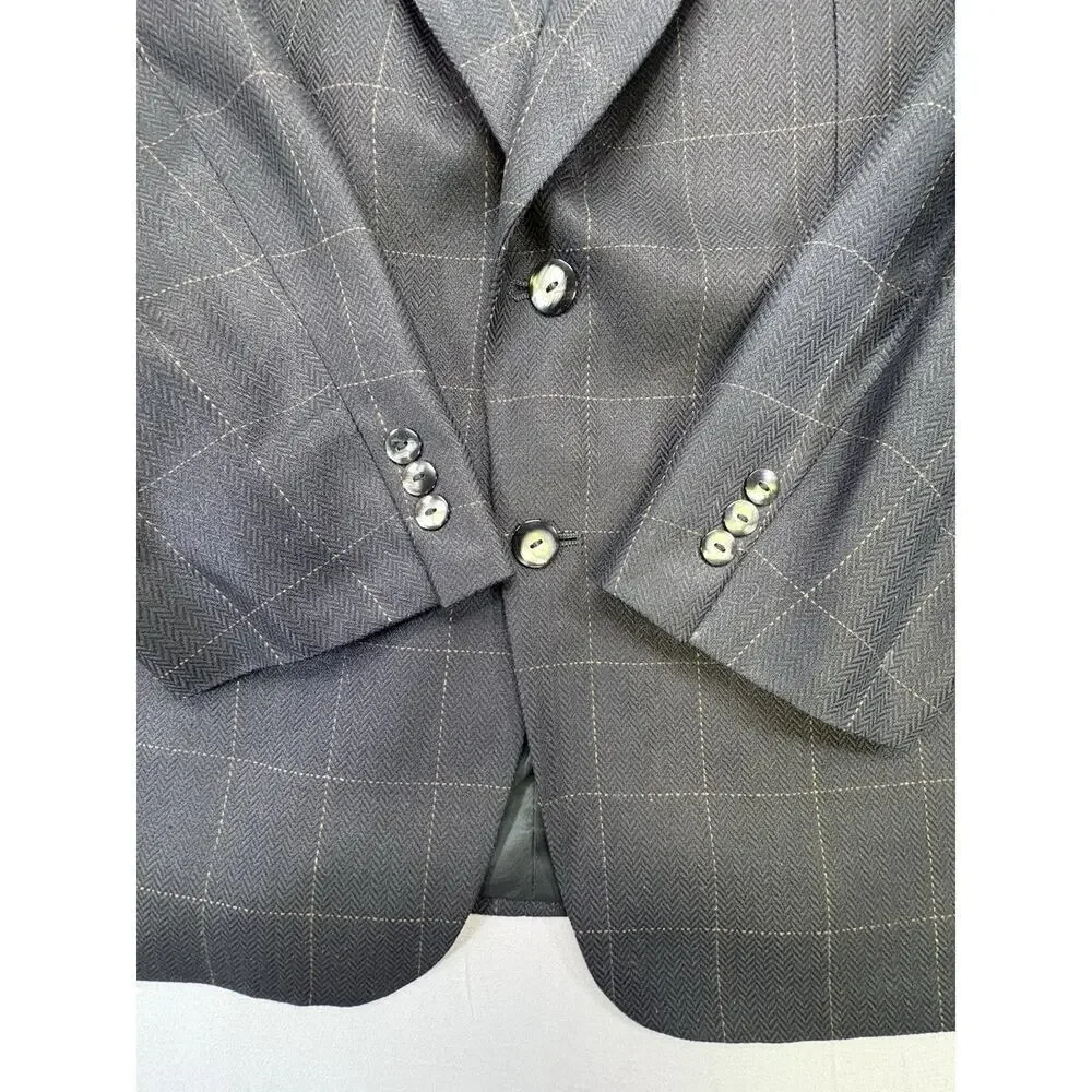 Bachrach Men’s Silk Black Blazer 42L Herringbone Weave Windowpane Check Pattern