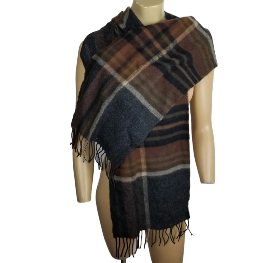 Wool Blend Plaid Fringe Scarf Black Gray Brown Unisex Neutral Vintage