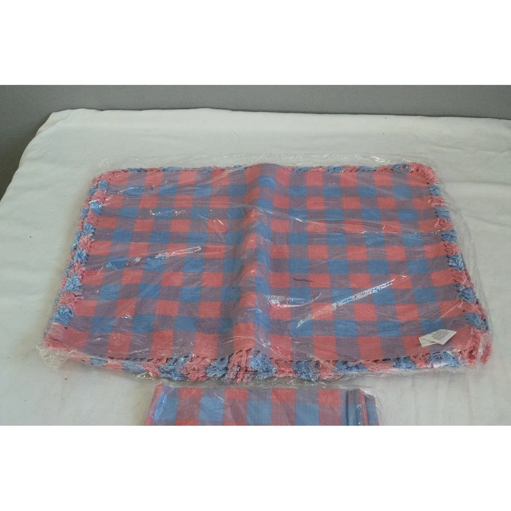 Fiesta Placemats Napkins 4 Set Pink Blue Gingham Check Fringed Vintage New