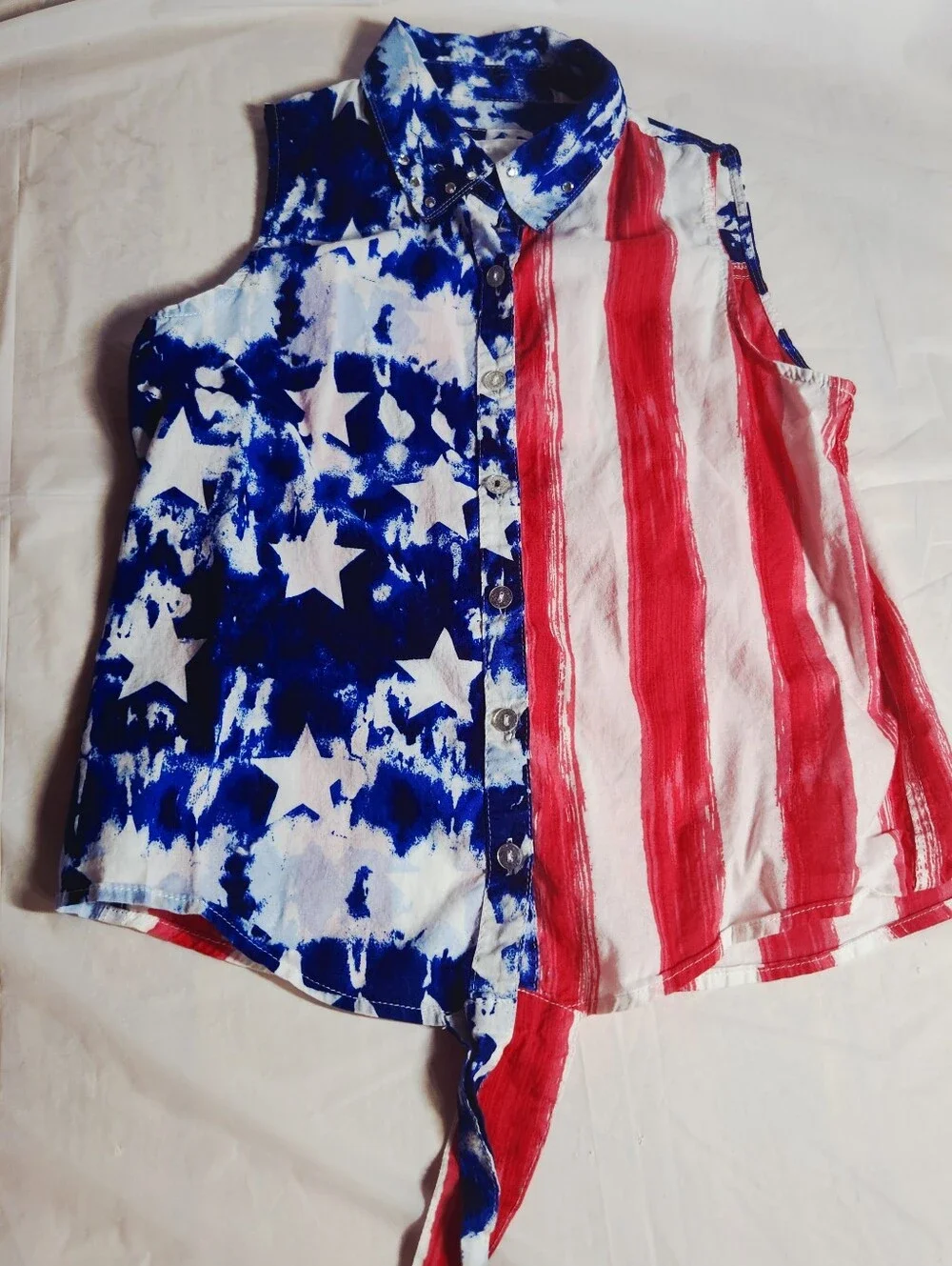 Girl Justice Sleevless Shirt Flag 4th Of July Sz 14 Red White Blue Bottom Tie