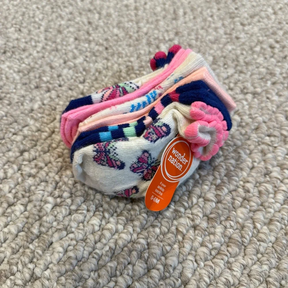 Wonder Nation Baby Girl Socks 6-Pair Ankle‎ Butterfly Pink Blue White 0-6 Months