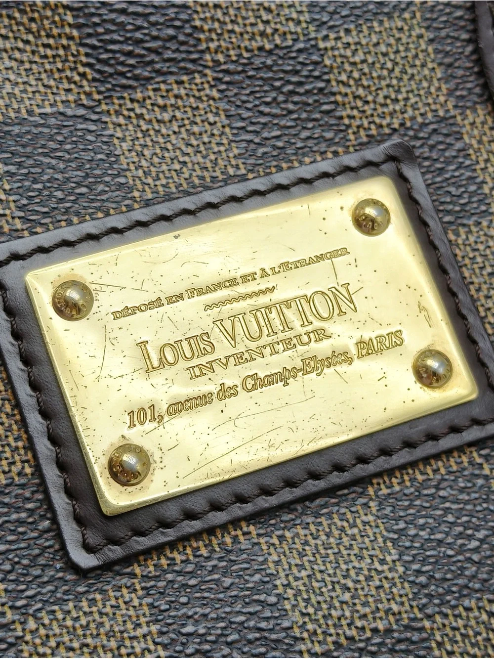 Louis Vuitton Brown Checkered Canvas Tote with Dark Brown Trim and Red Interior