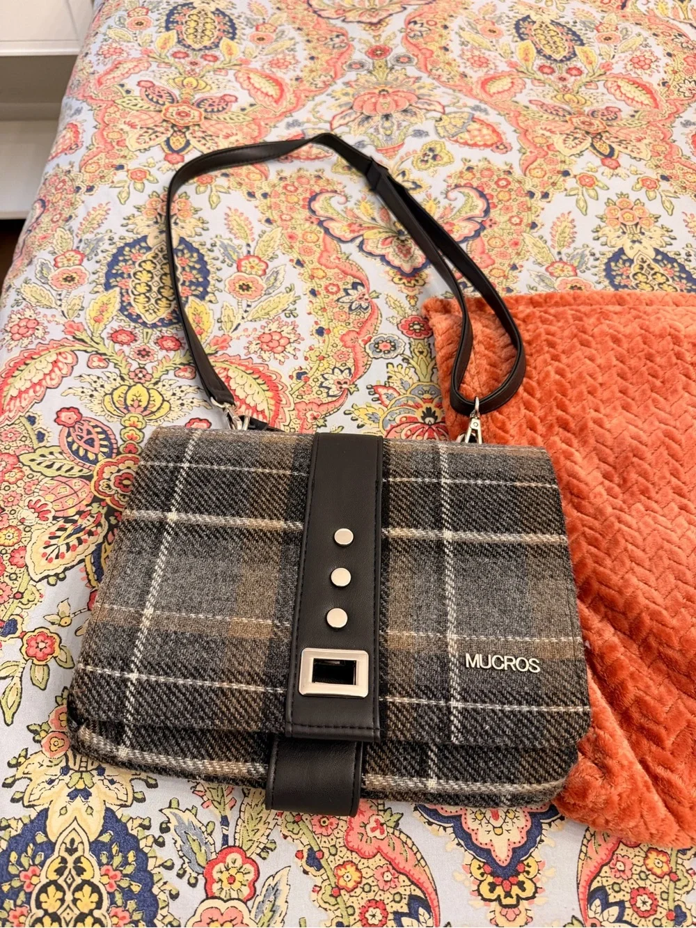 Wool Plaid Messenger Bag with Black Leather Trim
