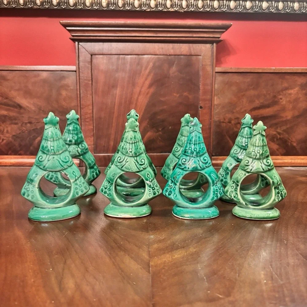 Vintage Christmas‎ Tree Napkin Rings Green Ceramic Set of 8 Holiday