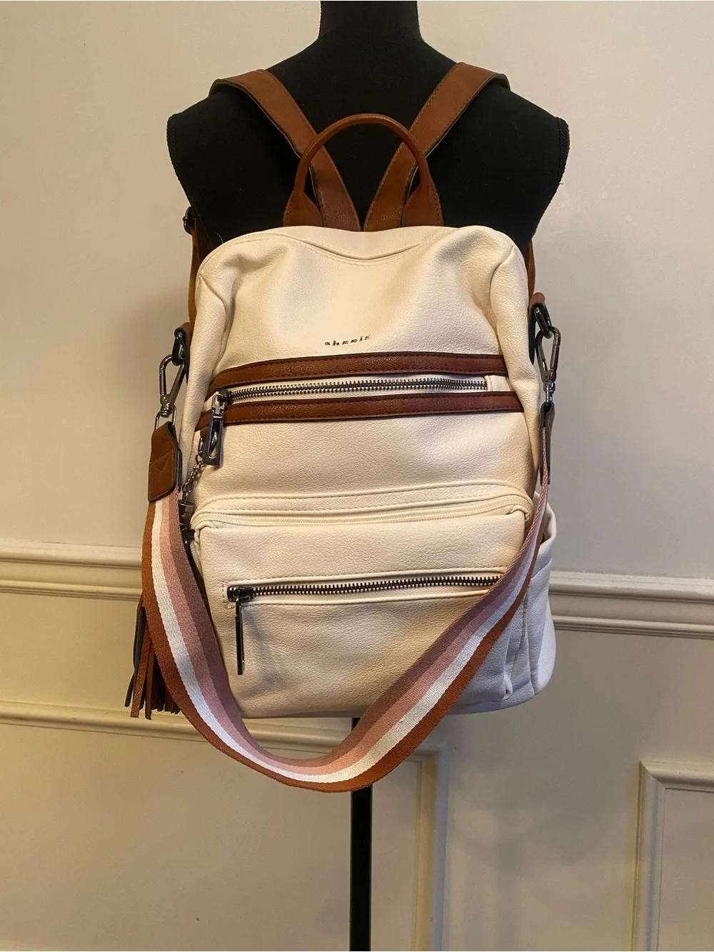 Cream & Tan Leather Backpack with Striped Accent Strap with Wallet 2 Piece