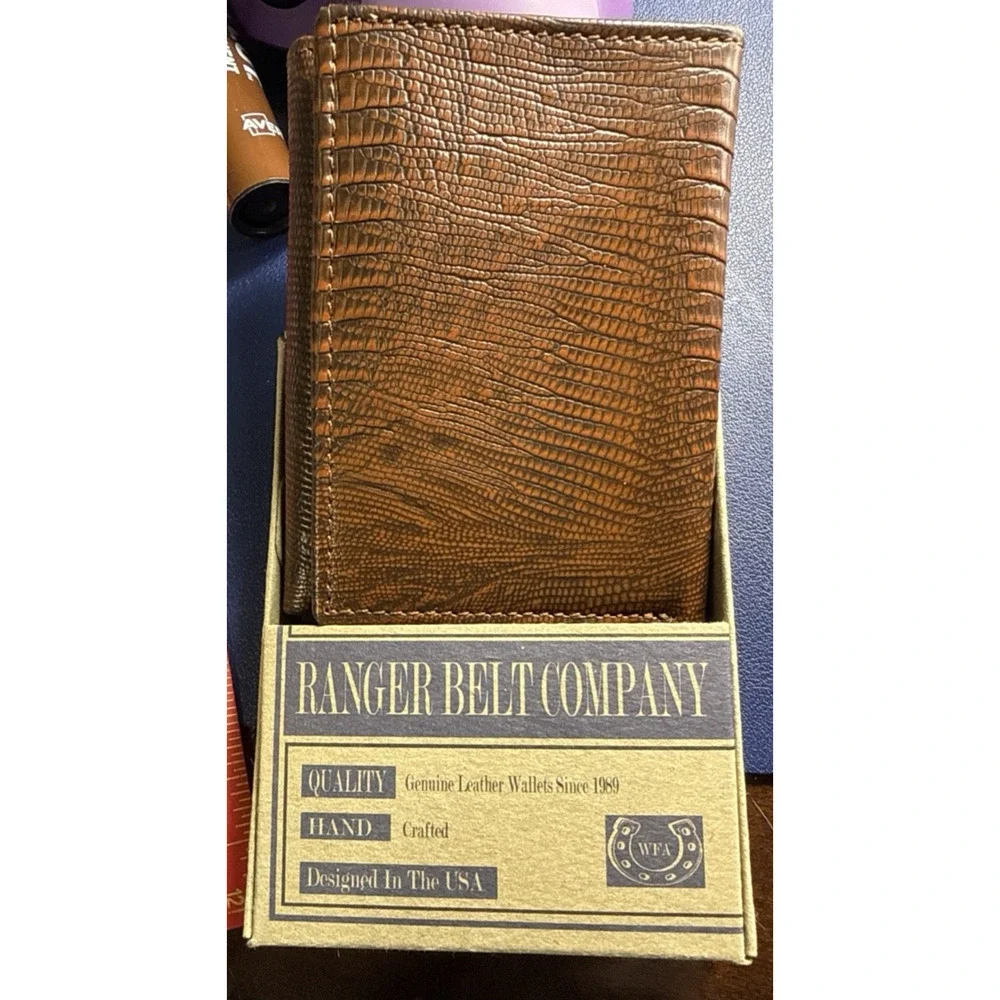 Ranger Belt Co Mens Brown Lizard Embossed Leather Trifold Wallet NIB Deadstock