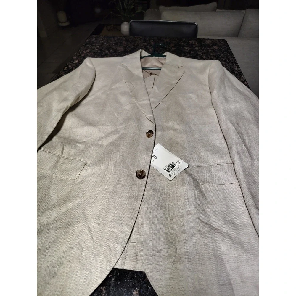 New H&M Slim Fit Linen 2 Button Jacket Blazer Light Beige Size 50Regular