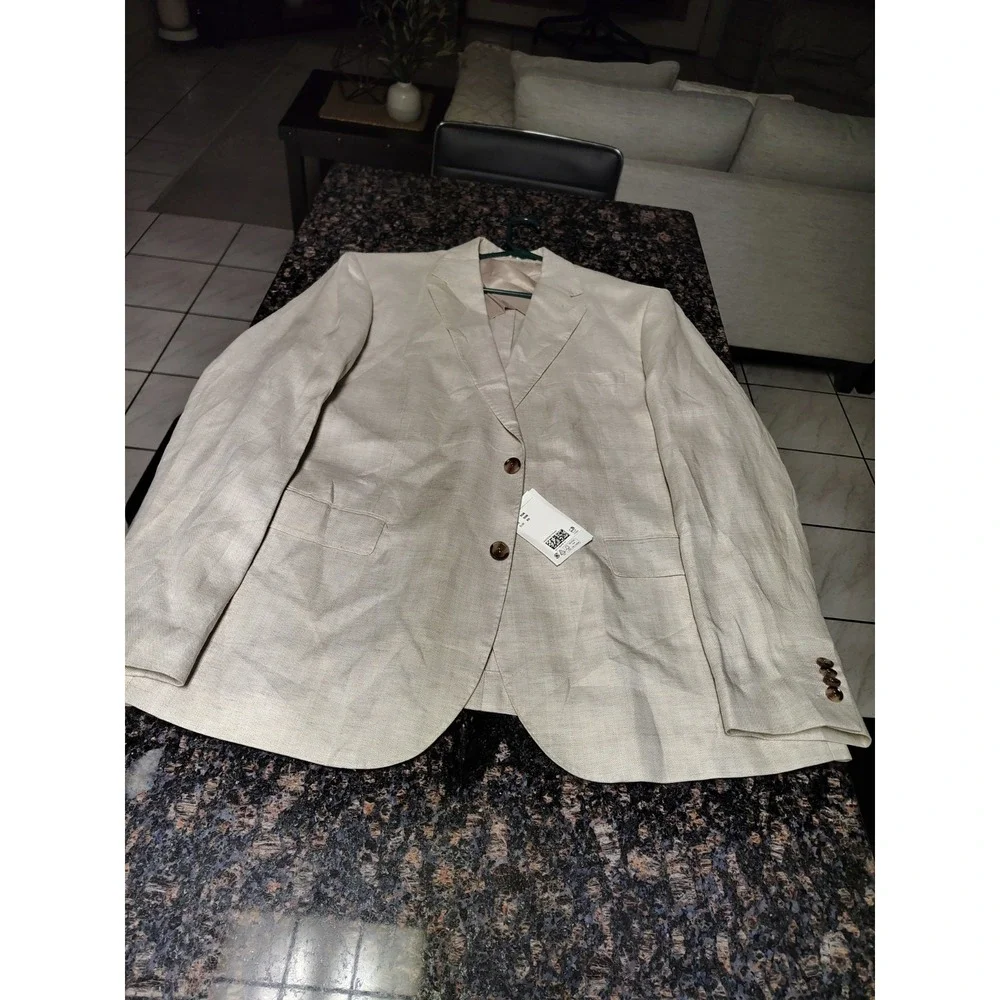 New H&M Slim Fit Linen 2 Button Jacket Blazer Light Beige Size 50Regular