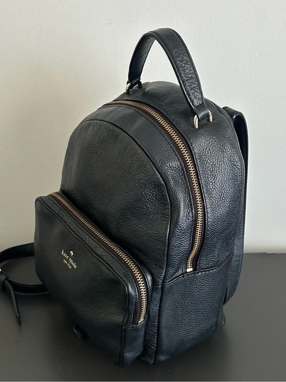 Kate Spade Black Pebbled Leather Mini Backpack Gold Hardware Travel Purse