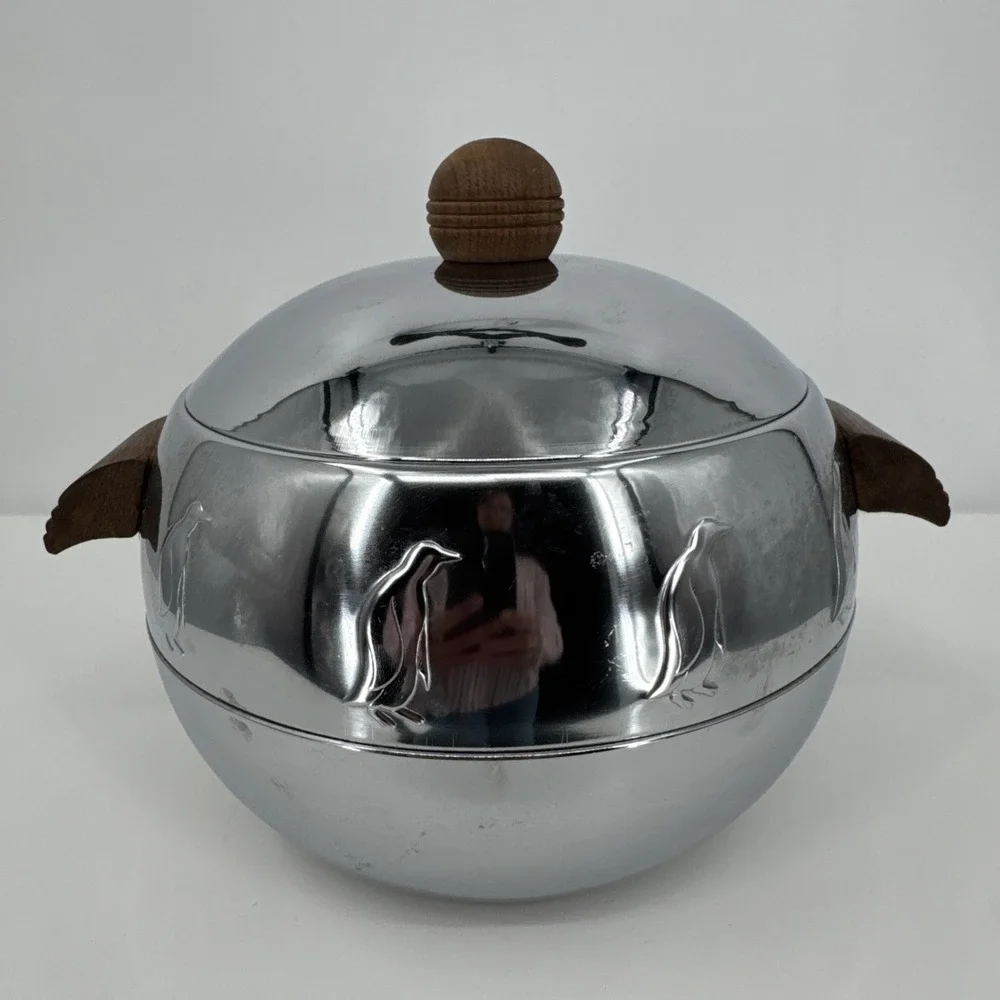 Vintage MCM Penguin Hot and Cold Server Dish Ice Bucket Chrome By West Bend