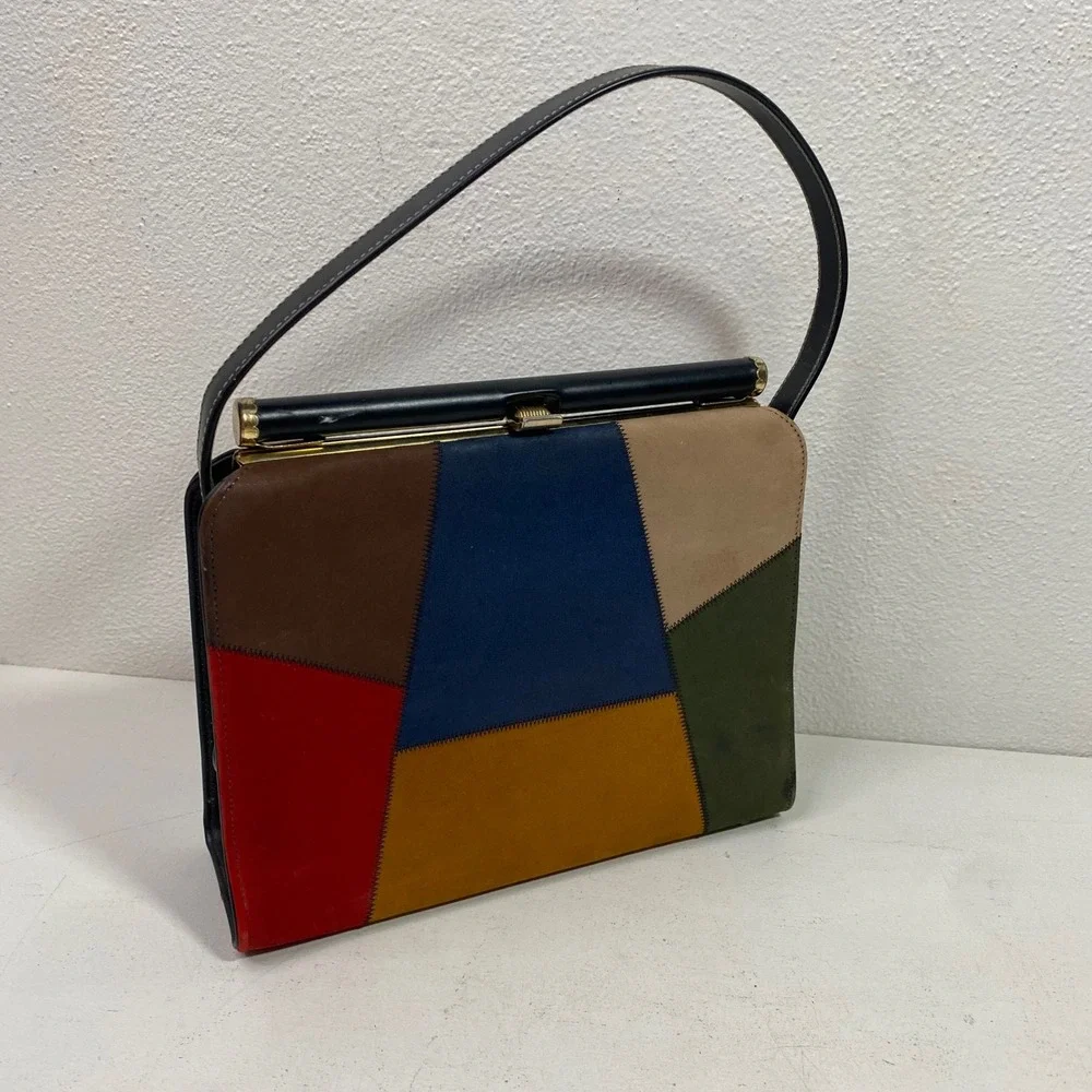 Vintage 60s Colorblock Patchwork Suede Leather Frame Handbag Mod Mid Century