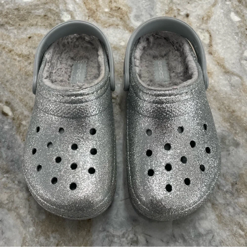 Crocs Classic Glitter Lined Clogs 'Silver Grey' 205937-00N Size C12 Toddler