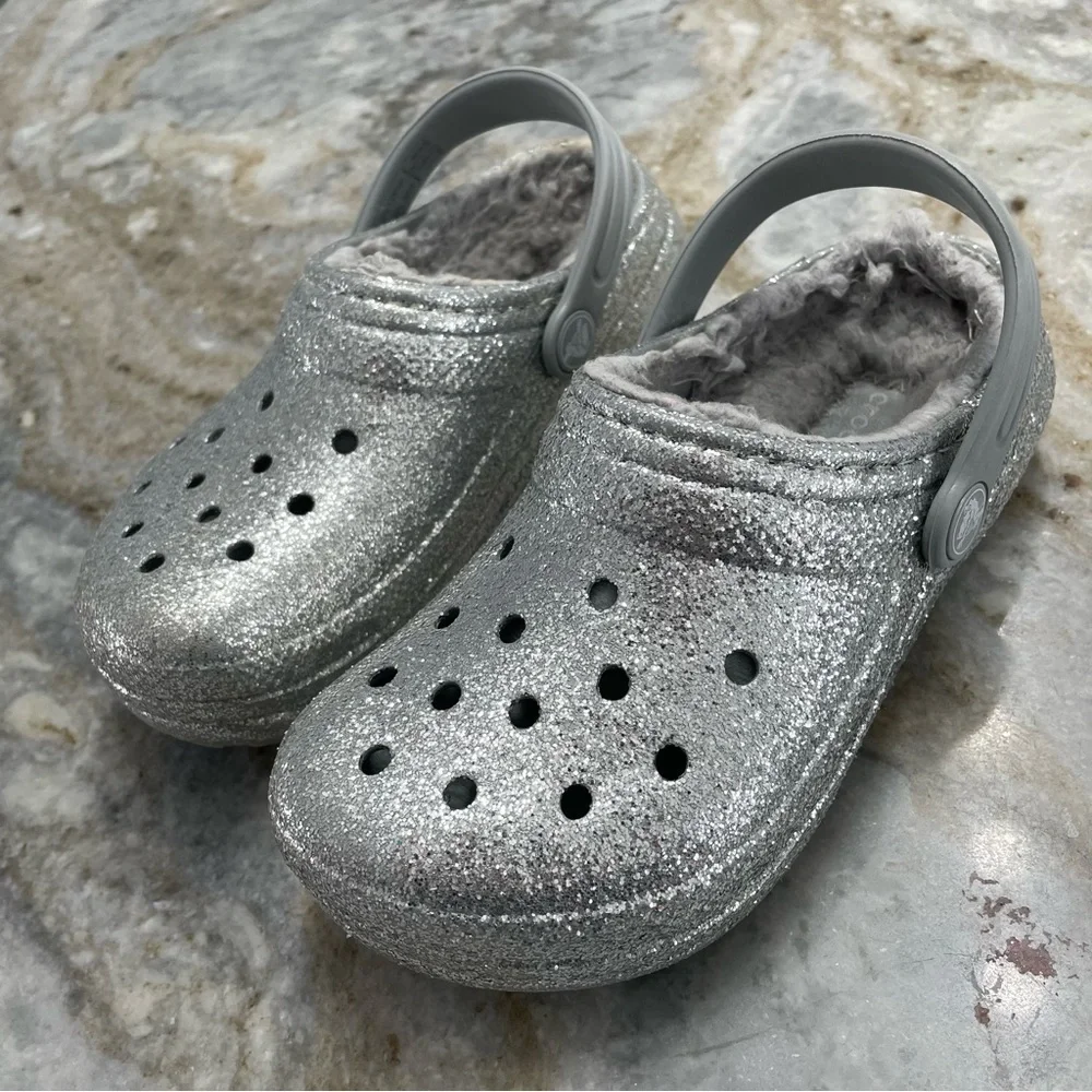 Crocs Classic Glitter Lined Clogs 'Silver Grey' 205937-00N Size C12 Toddler