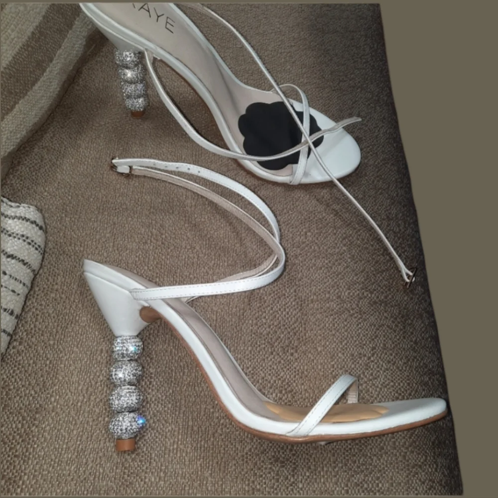 RAYE Leather Crystal Embellished Heels Disco Ball Strappy White Party Sandal 8.5