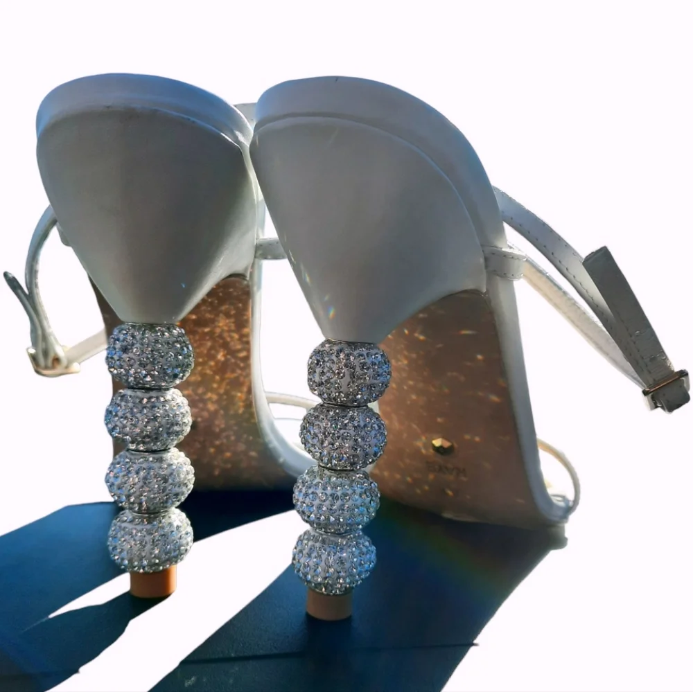 RAYE Leather Crystal Embellished Heels Disco Ball Strappy White Party Sandal 8.5