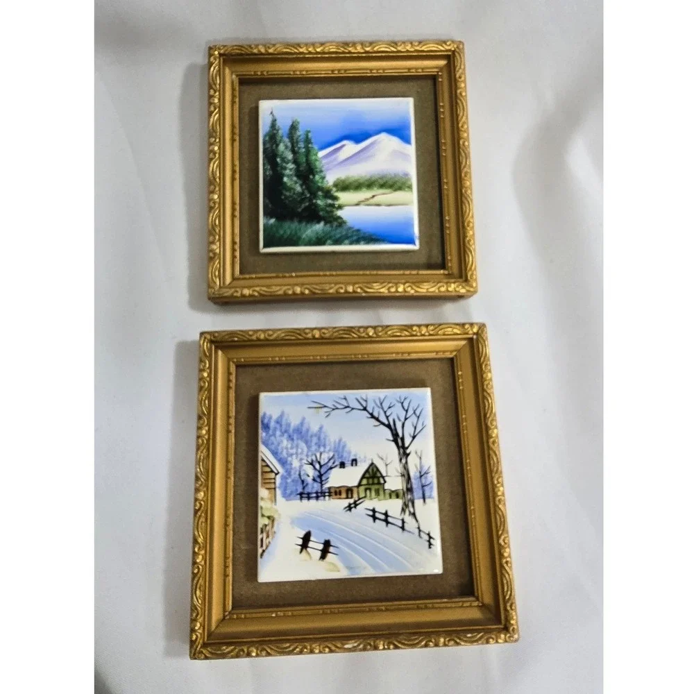 Vtg Ucago Japan hand painted framed tile picture MCM cottagecore 1950s Retro