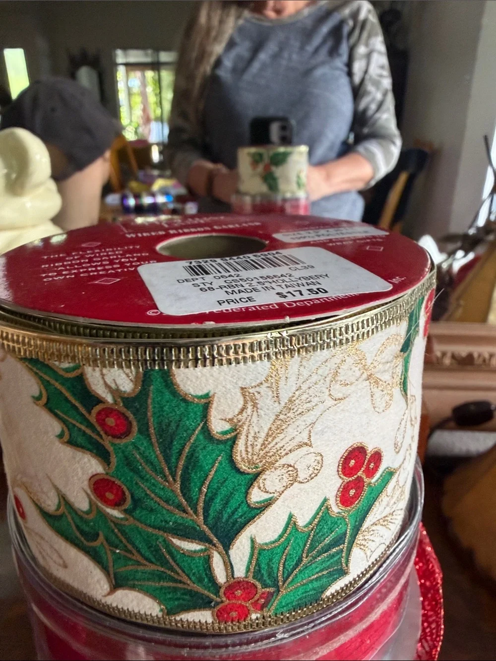 Festive Red Glitter & Holly Wired Ribbon Set - Holiday Gift Wrap