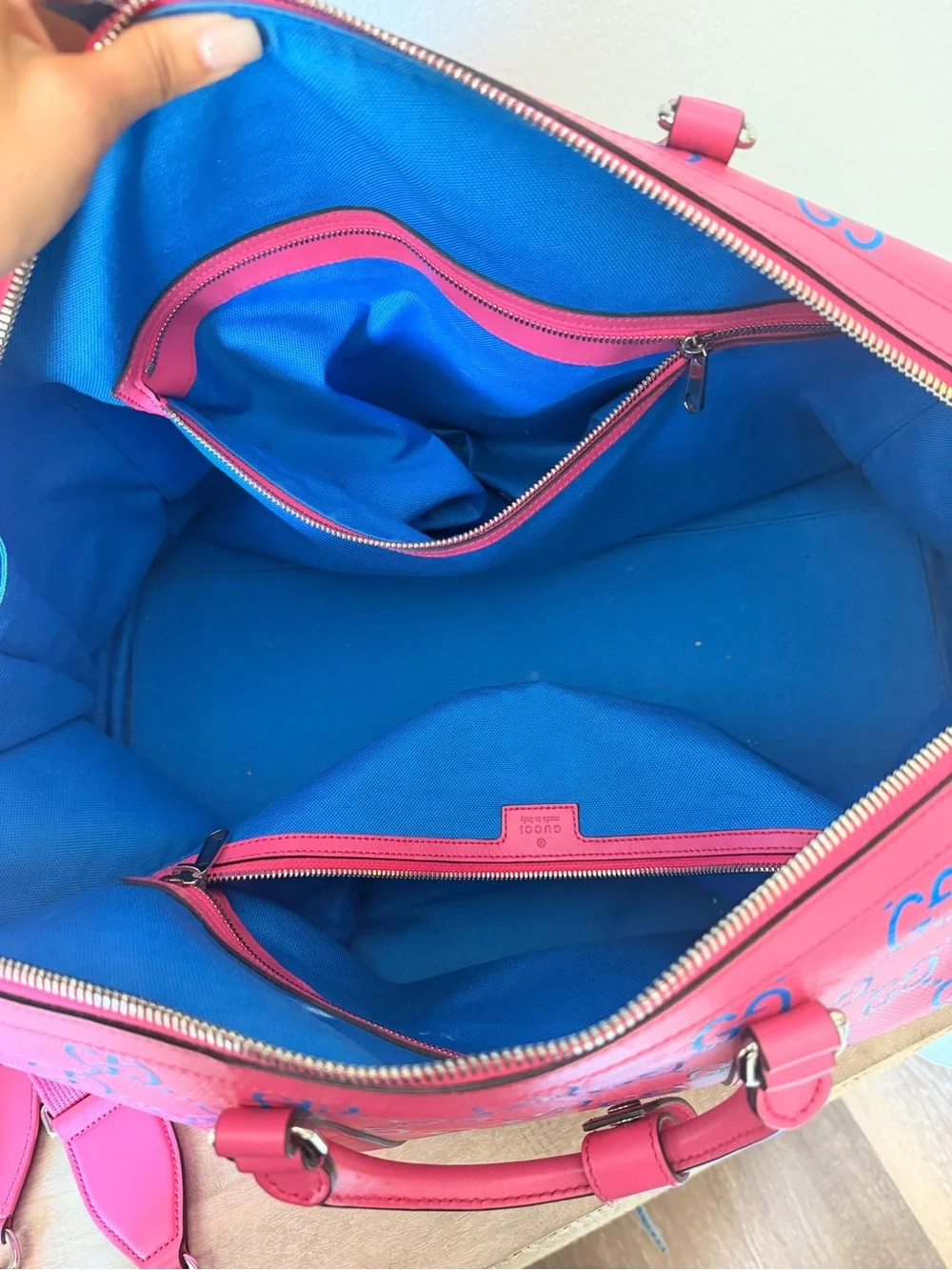 Gucci embossed Pink and Blue GG Supreme Weekender Duffel Bag