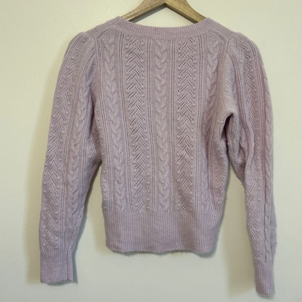 J. CREW Pointelle Cable Knit Sweater Puff Sleeve Lilac Purple Wool Blend Size XS