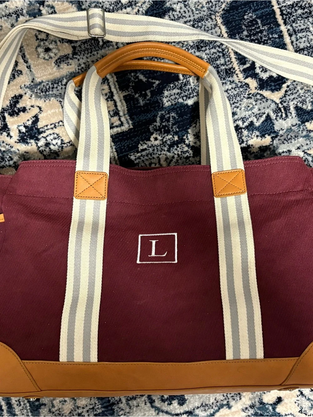 Pottery Barn Kids Burgundy Canvas Duffel with Tan Accents