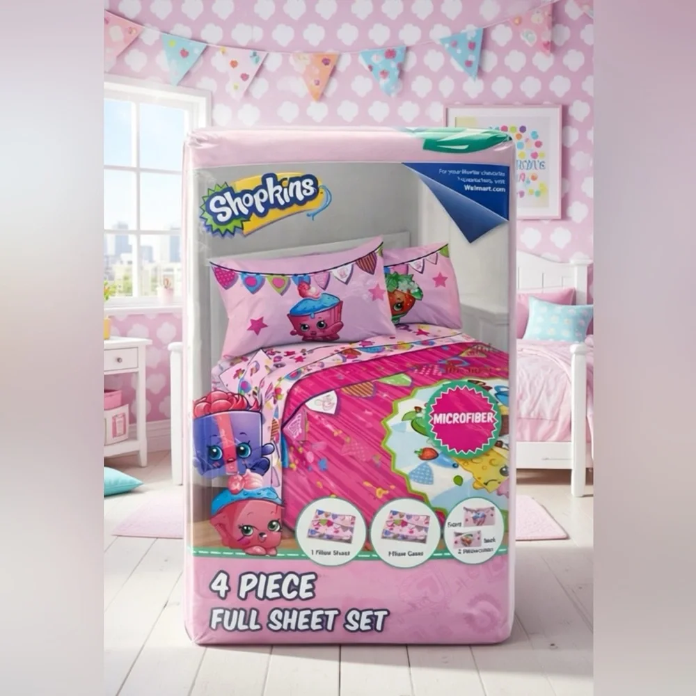 SHOPKINS 4 PIECE FULL SIZE SHEET SET w/ 1 flat sheet 1 fitted 2 pillow cases
