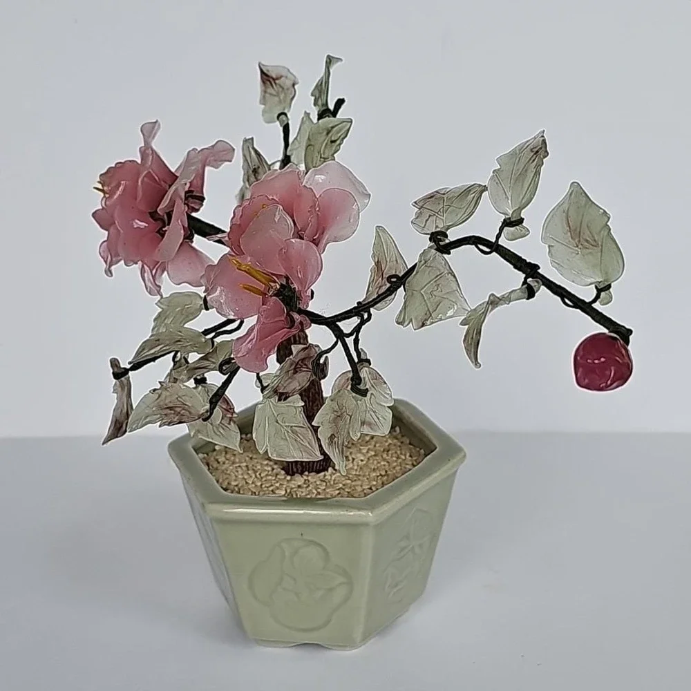 Vintage Chinese Glass Bonsai Tree Pink Cherry Blossom Celadon Pot Chinoiserie