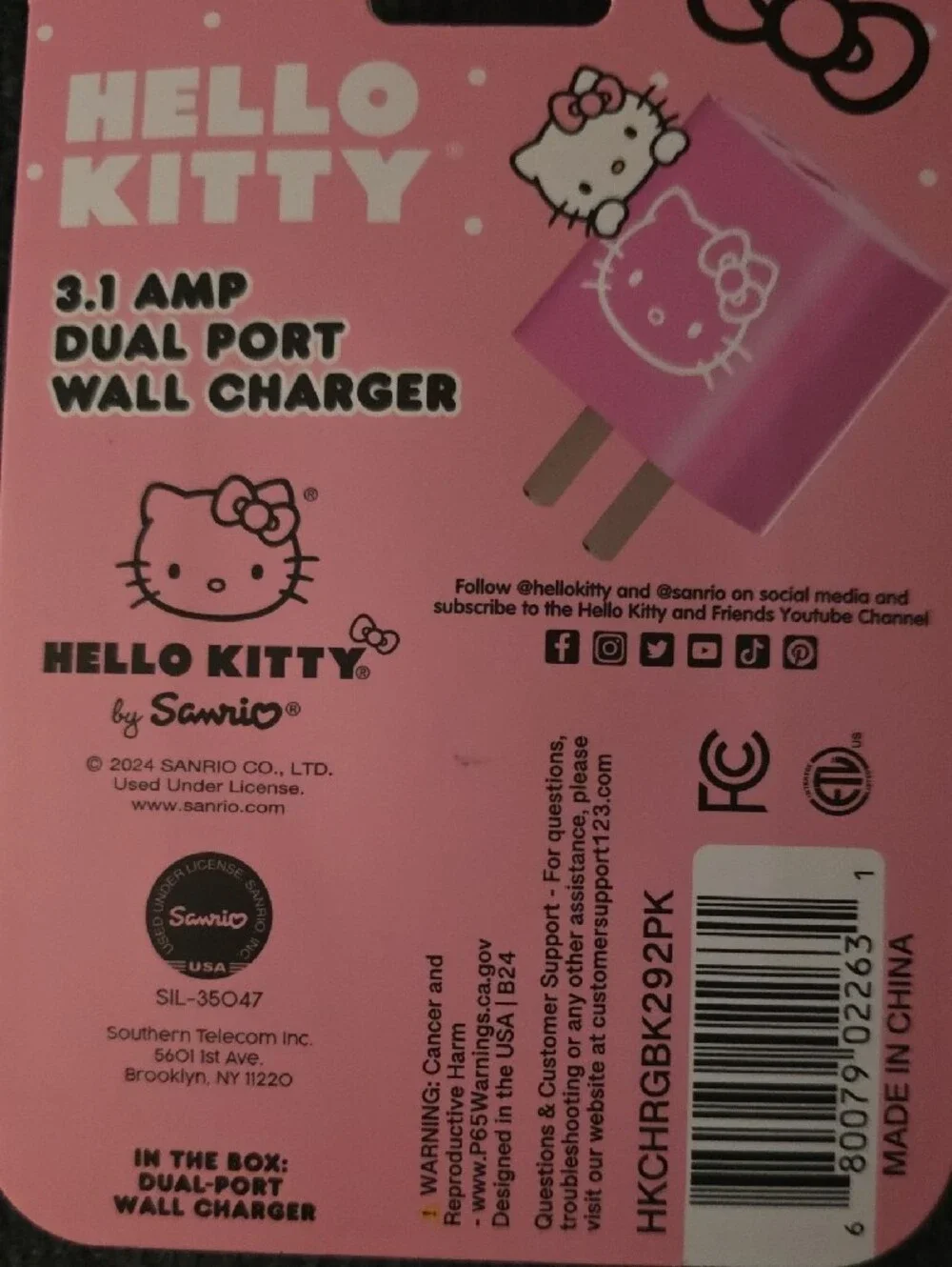 Hello Kitty Light Pink Dual-Port Wall Charger with Bow Graphic