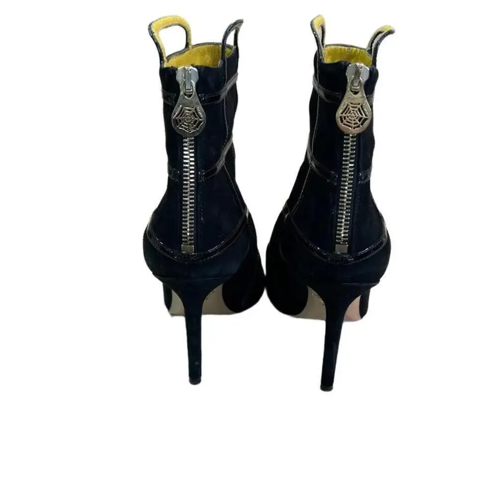 Charlotte Olympia Black Pointed Toe Stiletto Heel Suede Zipper Ankle Boots 37.5