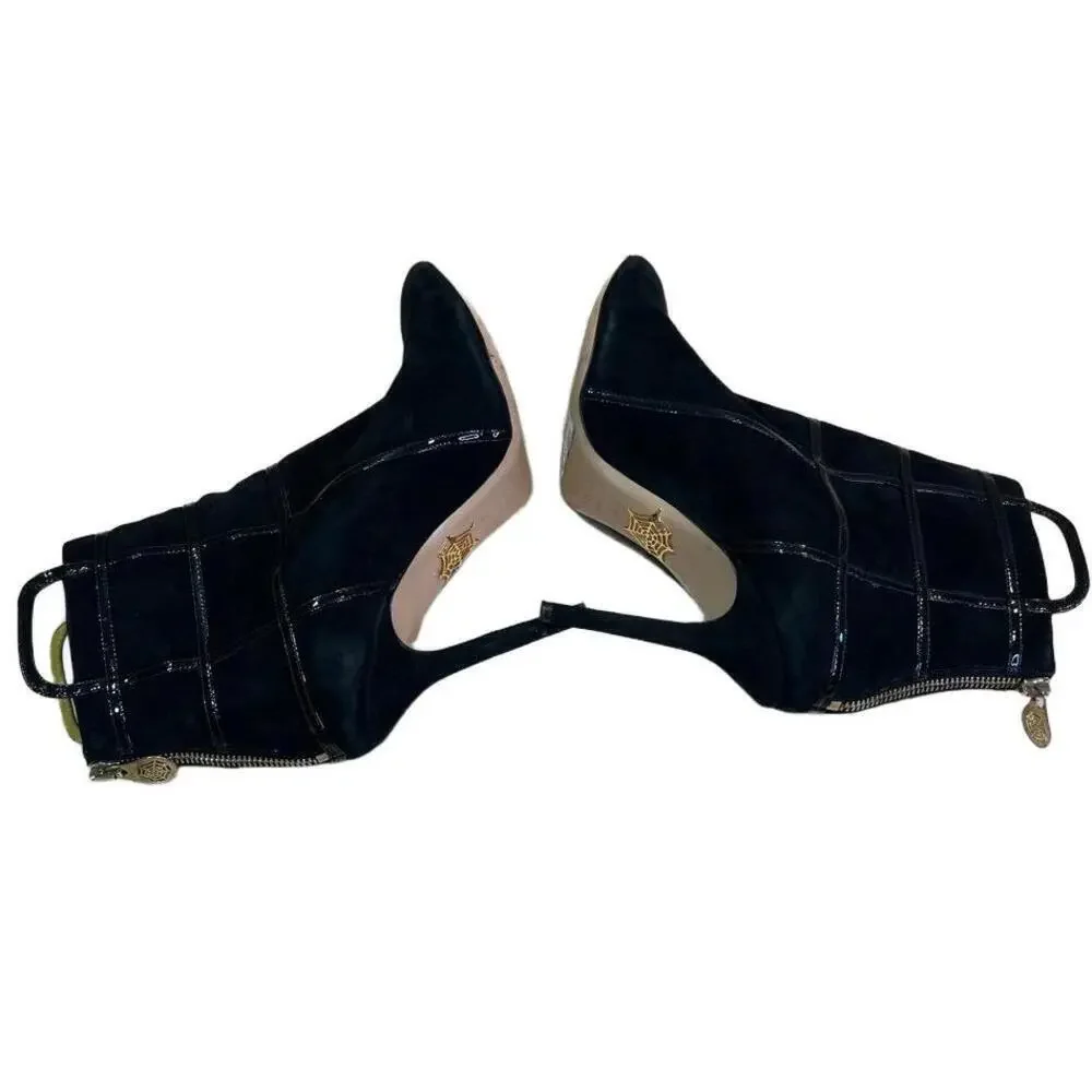 Charlotte Olympia Black Pointed Toe Stiletto Heel Suede Zipper Ankle Boots 37.5