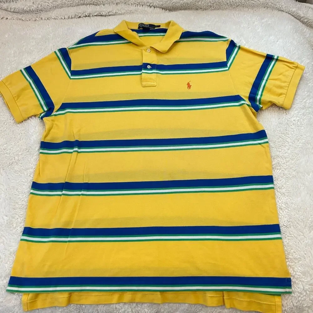Polo Ralph Lauren Mens Yellow/Blue Striped 2XL Cotton Preppy Casual Summer Golf
