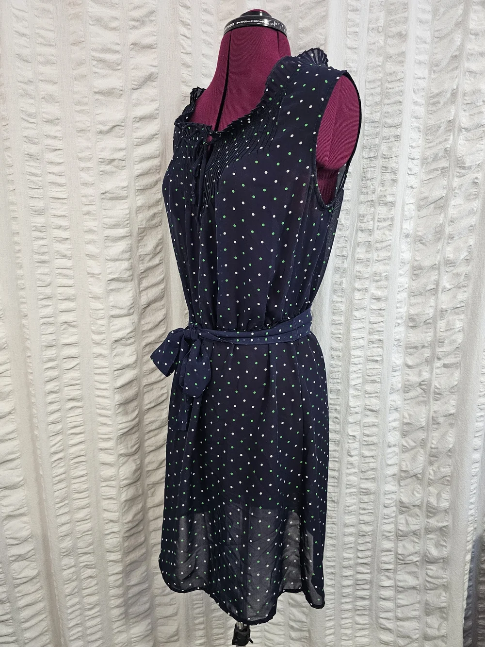 Gap Navy Blue Sheer Sleeveless Lined Green & White Polka Dot Belted Dress Large