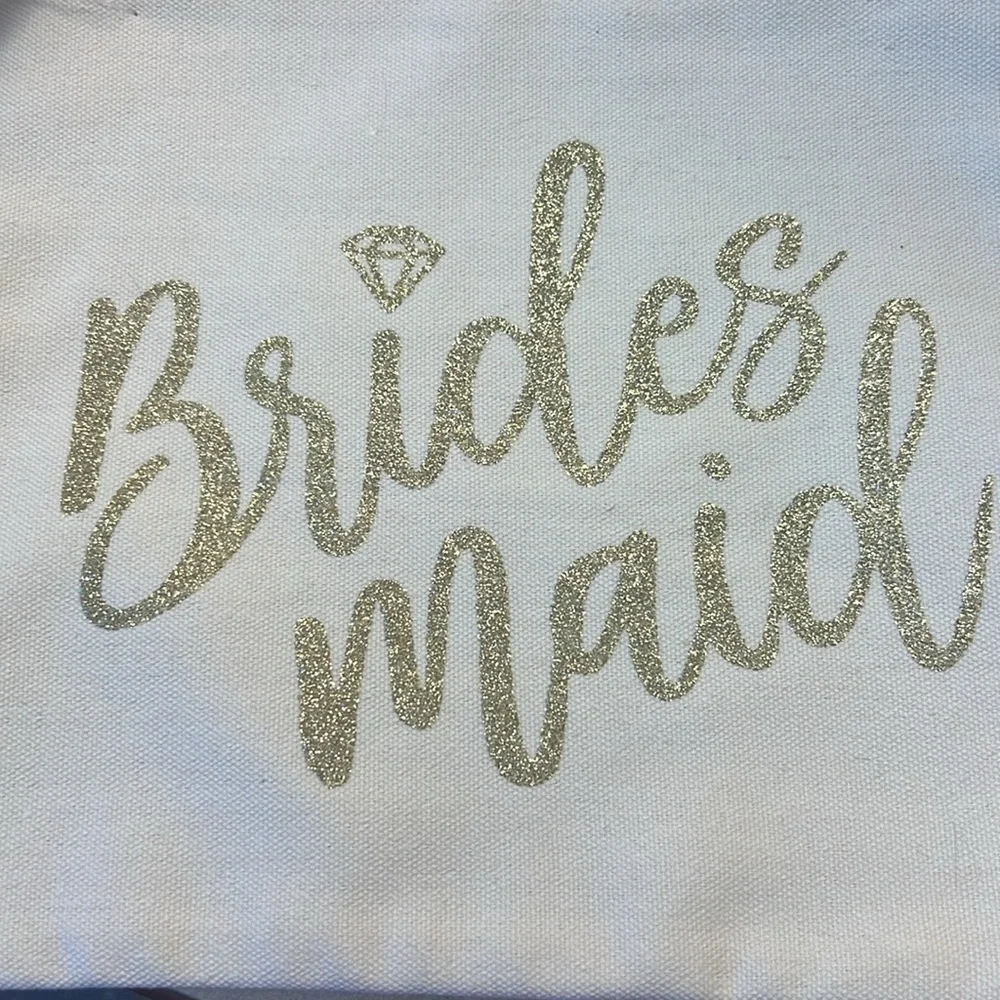 Cosmetic Bag, pink zipper & tassel, Cream bag, Gold Glitter “Brides Maid” NWT